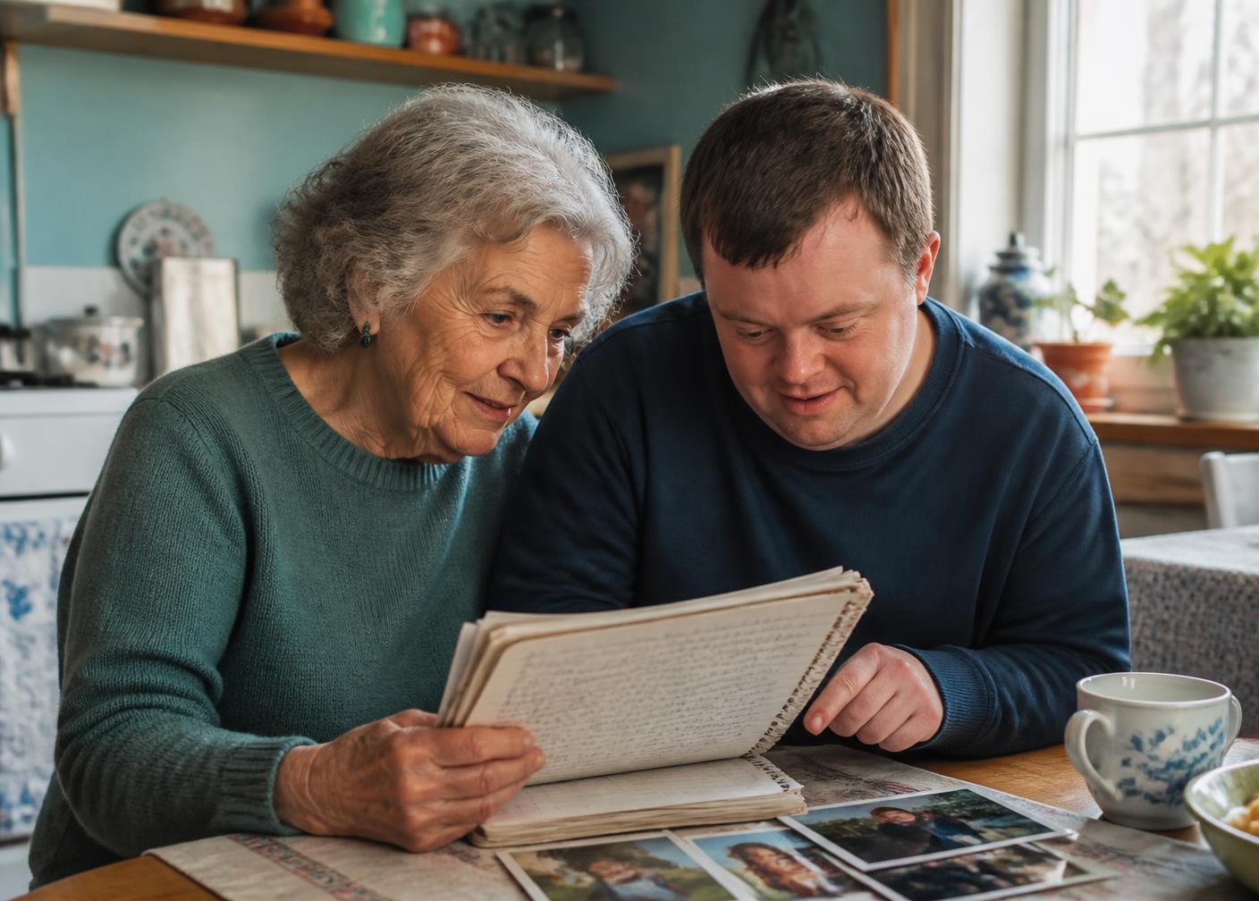 An older mother and her adult son looking through a family notebook together